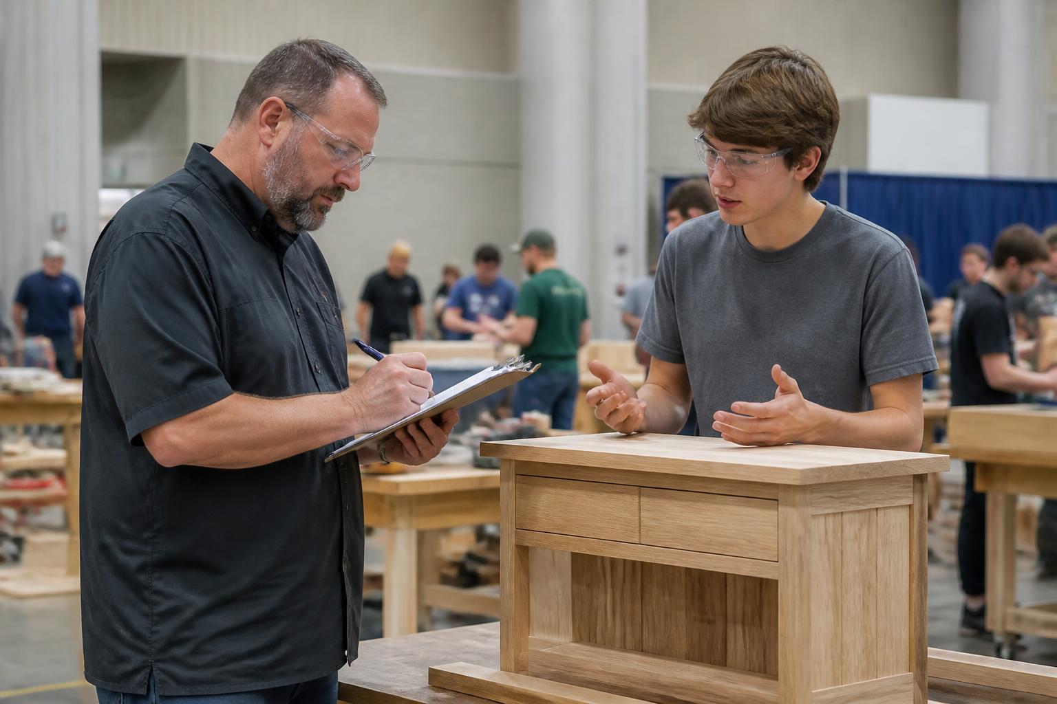 Industry volunteer judge scoring a South Dakota SkillsUSA student's carpentry project at a state skills contest